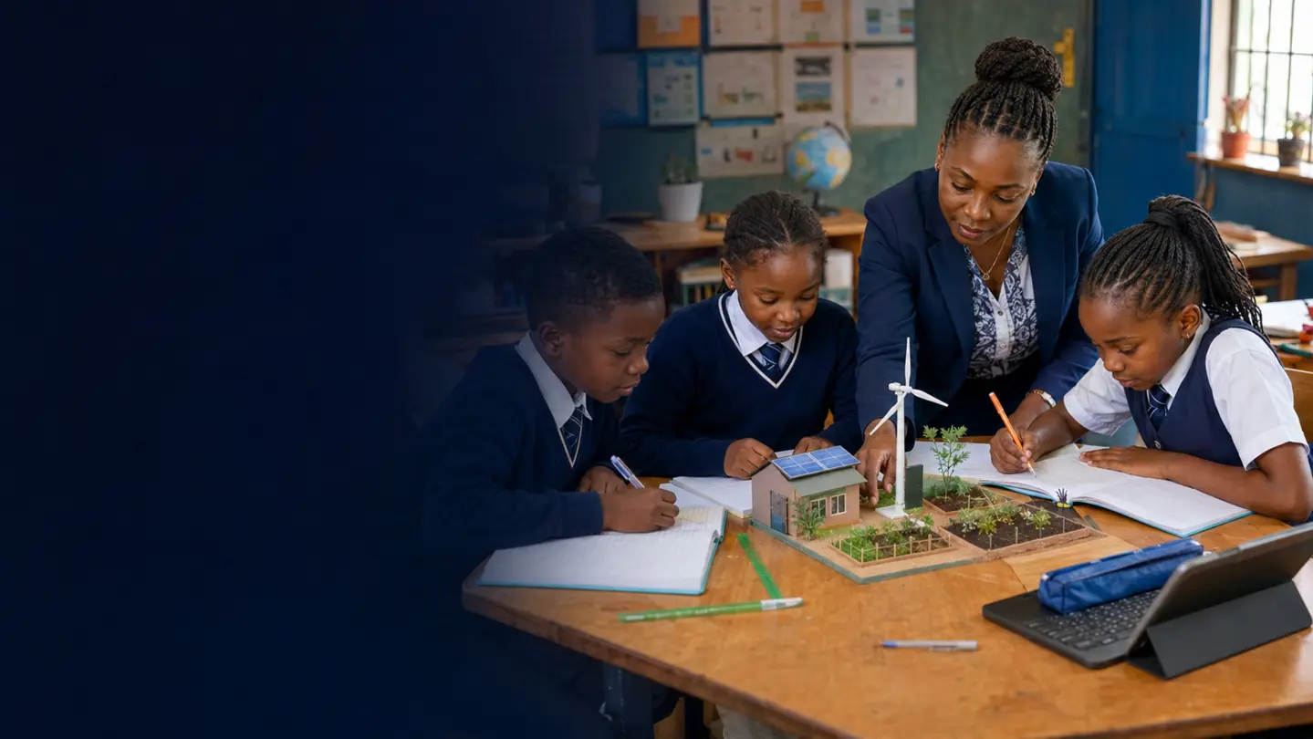 A teacher supporting children during a practical CBC classroom project.