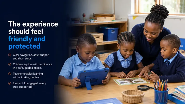 A teacher guiding children in a friendly, protected digital learning activity.