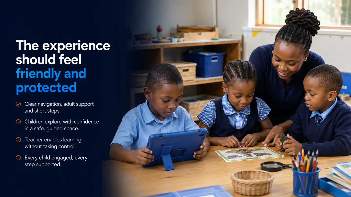A teacher guiding children in a friendly, protected digital learning activity.