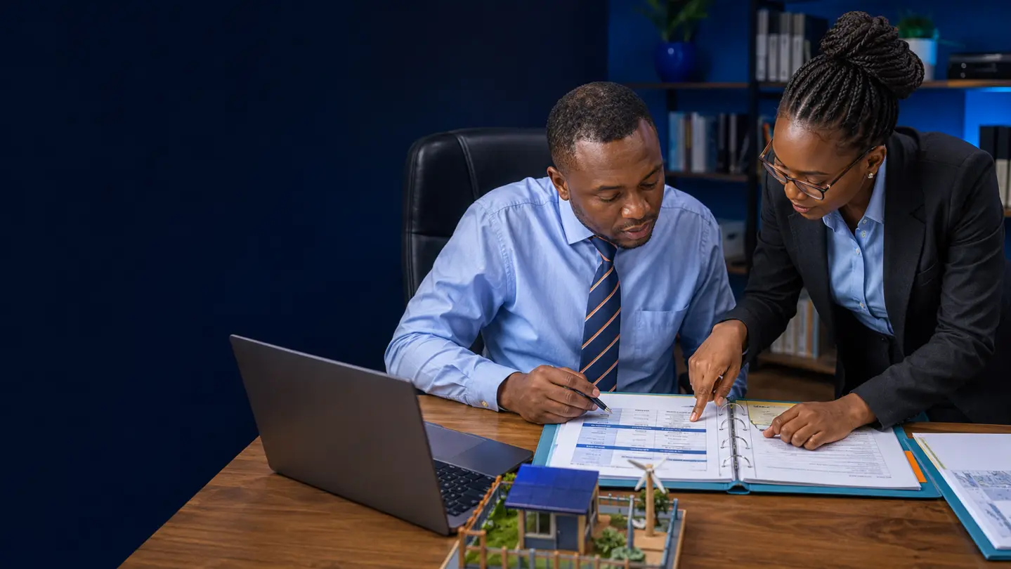 Two professionals reviewing a practical project model, plans and evidence together.