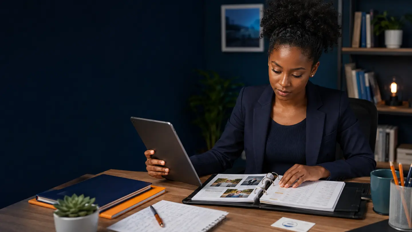 A professional reviewing a digital portfolio and documented work evidence.