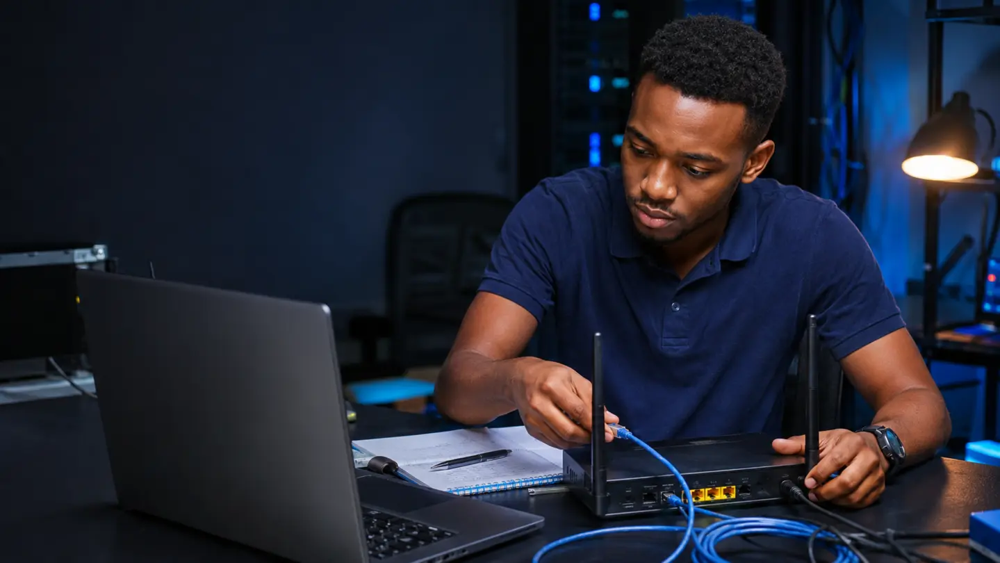 A learner carrying out a hands-on networking task in a controlled technical workspace.