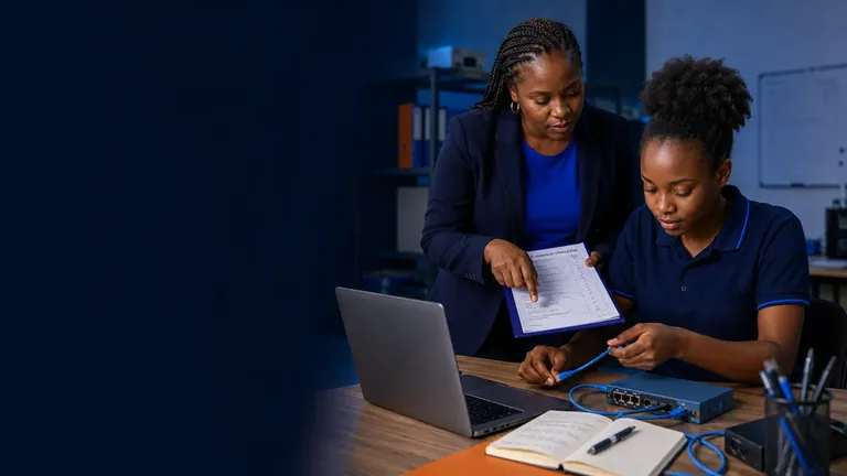 A mentor guiding a learner through practical technical work with equipment and notes.