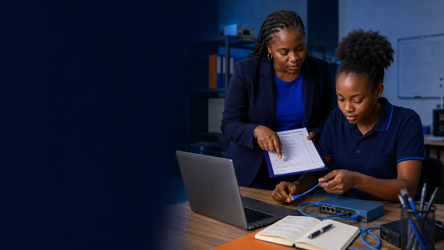 A mentor guiding a learner through practical technical work with equipment and notes.