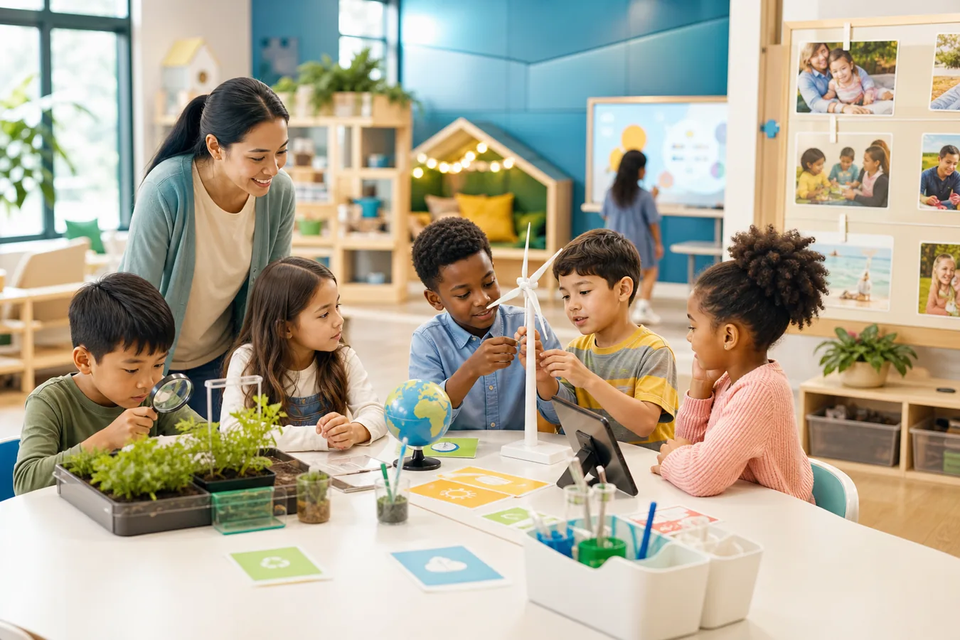 Children working with a teacher in a bright hands-on learning room.
