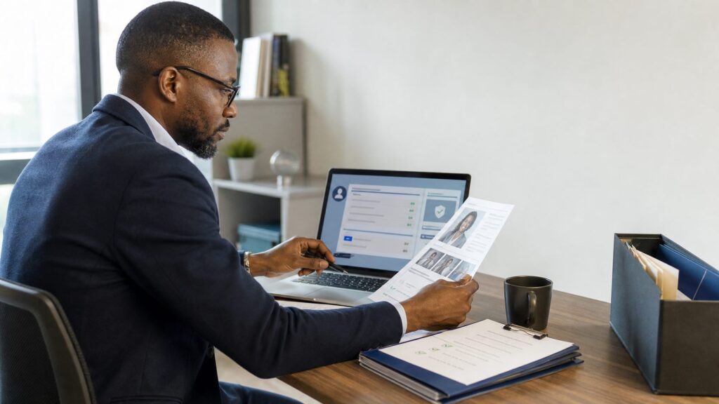 Assessor checking a verification record and portfolio evidence.