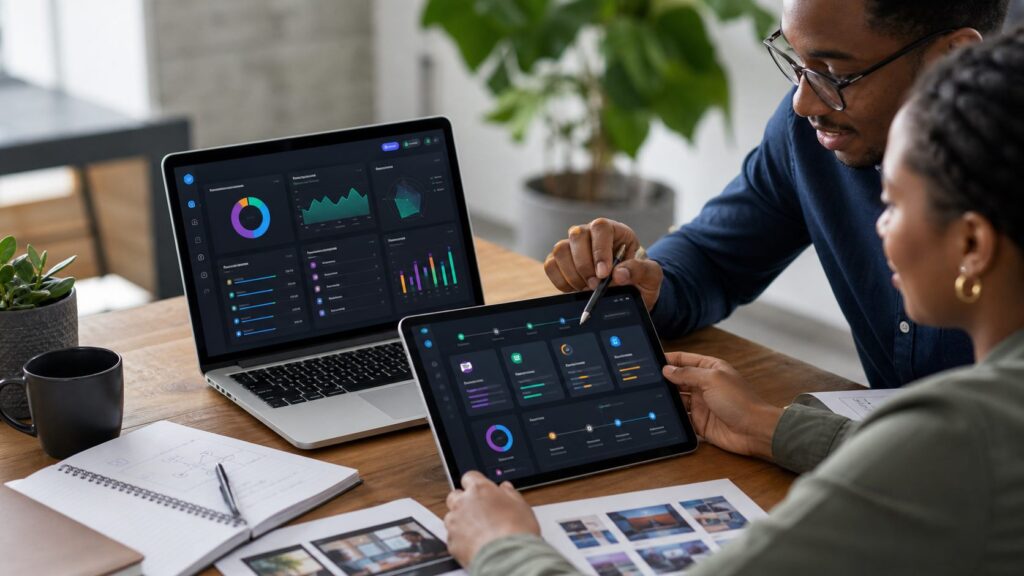 Learner and mentor reviewing an abstract Certifiedge platform dashboard.