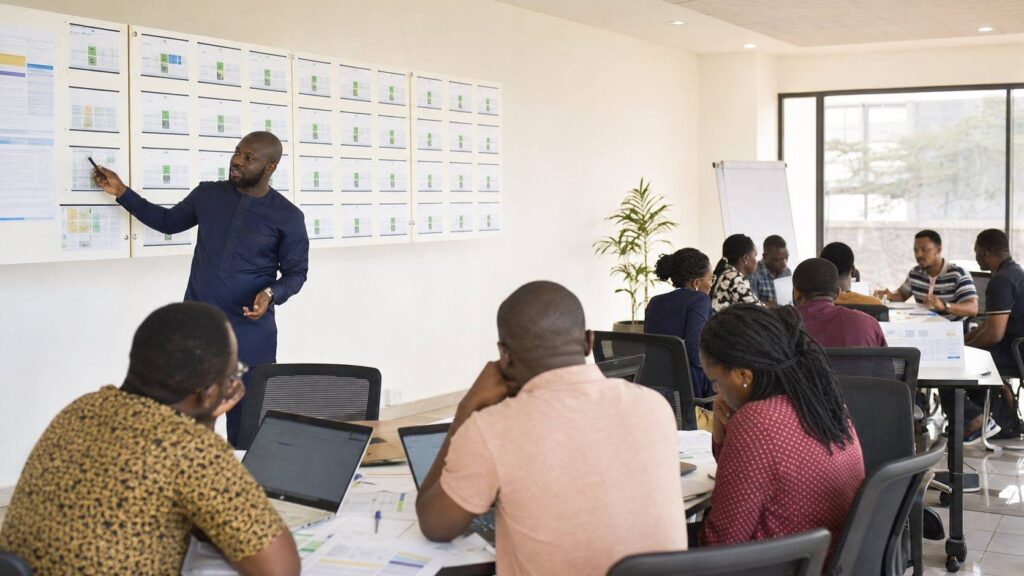 Facilitator guiding a cohort through practical evidence tasks in a training center.